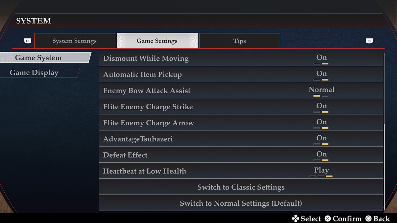 Game System menu showing Automatic Item Pickup and switches for Classic and Normal Settings