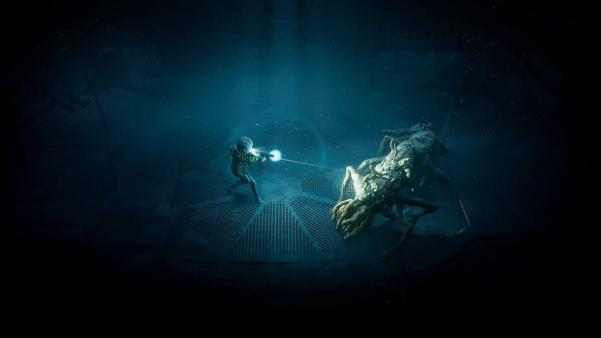 Cel fires at a large Husk creature beside a metal walkway