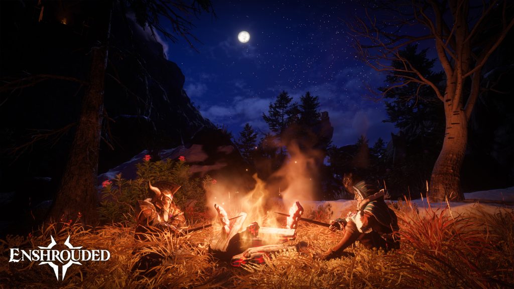 Flameborn resting beside a campfire in an official Enshrouded screenshot.