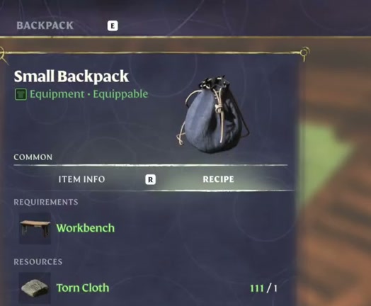 The Small Backpack recipe in the Workbench crafting menu.