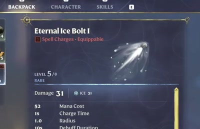 Eternal Ice Bolt I inventory tooltip showing damage and mana cost.