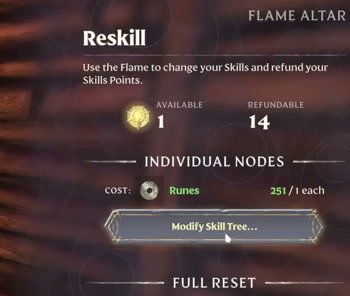 The Flame Altar Reskill menu with individual nodes and full reset options.