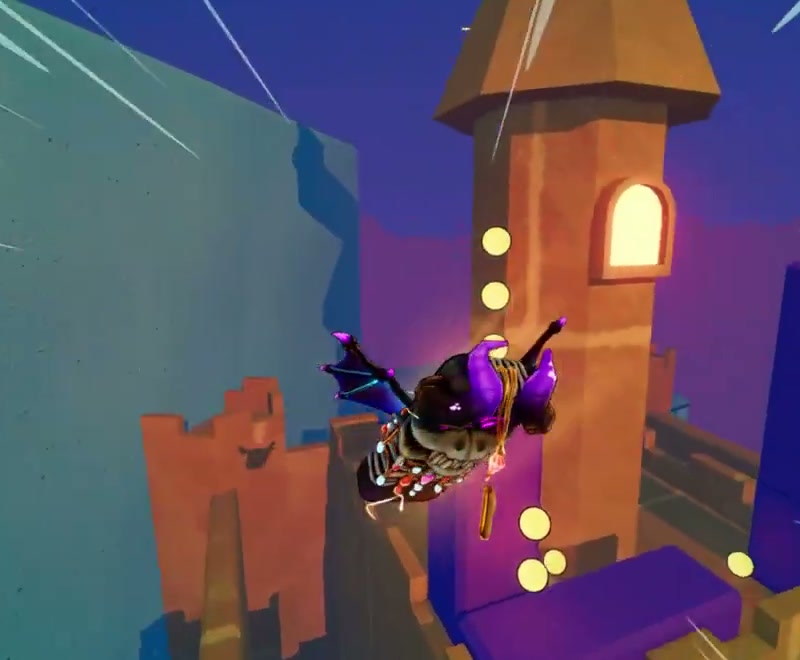 Purple shelf wrapping around a yellow castle tower with yellow lights