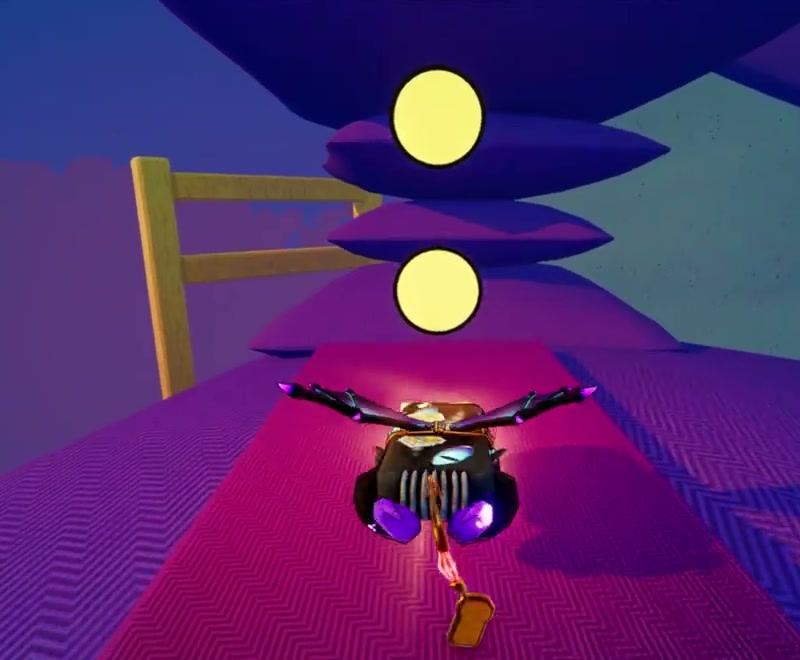 Red cushion and yellow navigation lights among purple blanket platforms