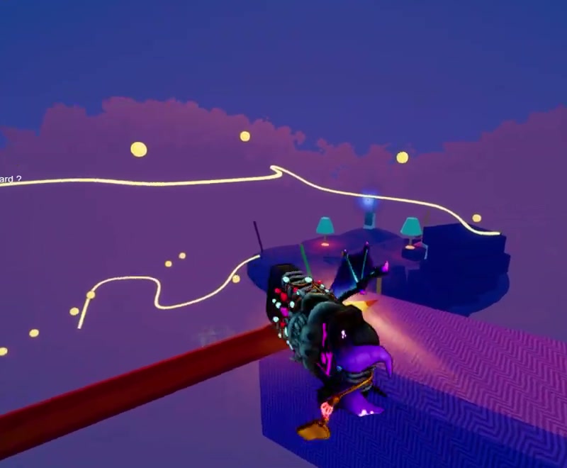 Intersecting red pencil beams leading to a purple castle platform