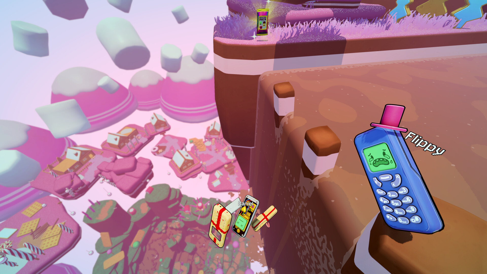 Chocolate ledges and protruding candy pieces above the pink Candyland landscape