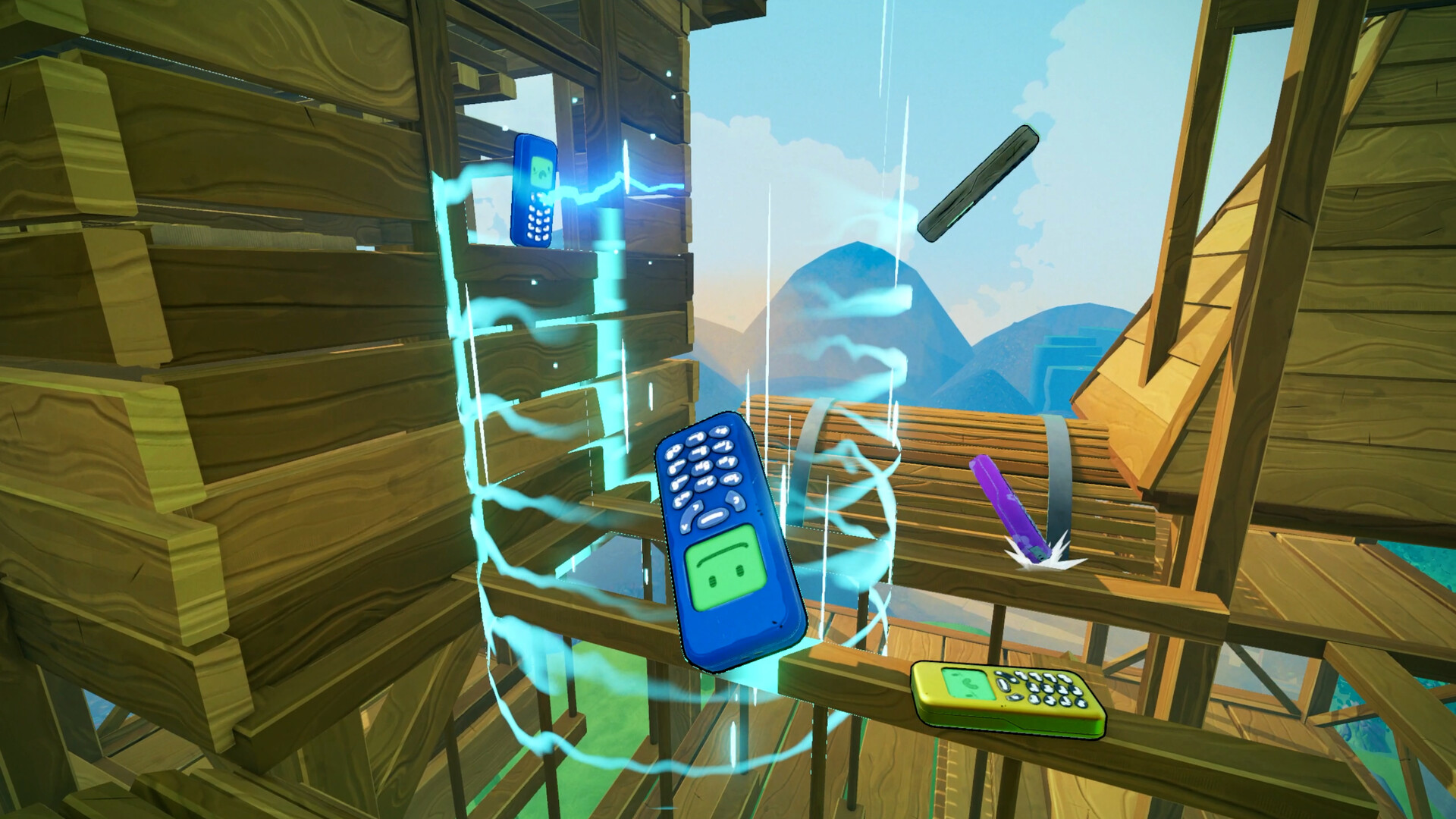 The blue spiral lift beside a wooden structure in the Playground