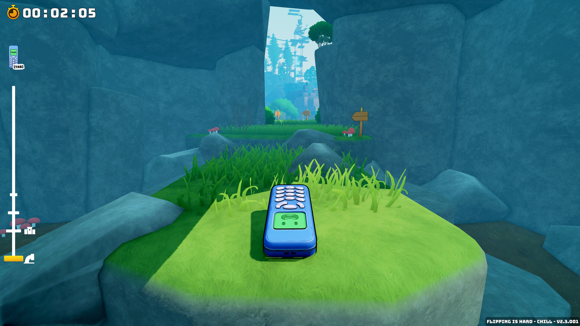 A grassy rock shelf between the blue walls at the start of Storm Drain