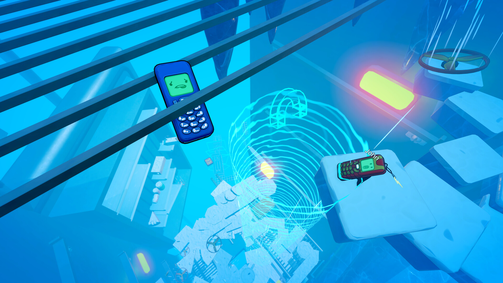 White shelves, dark refrigerator bars and glowing obstacles in The Fridge