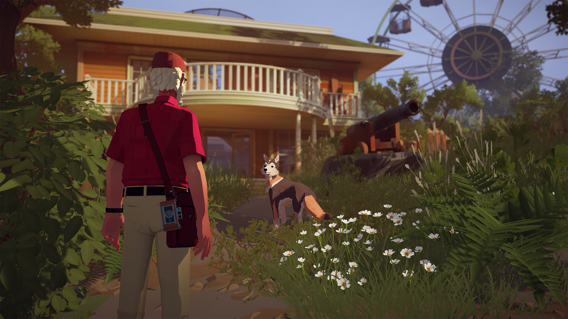 Alfred and his dog on the overgrown path outside a round balcony building with a cannon and Ferris wheel