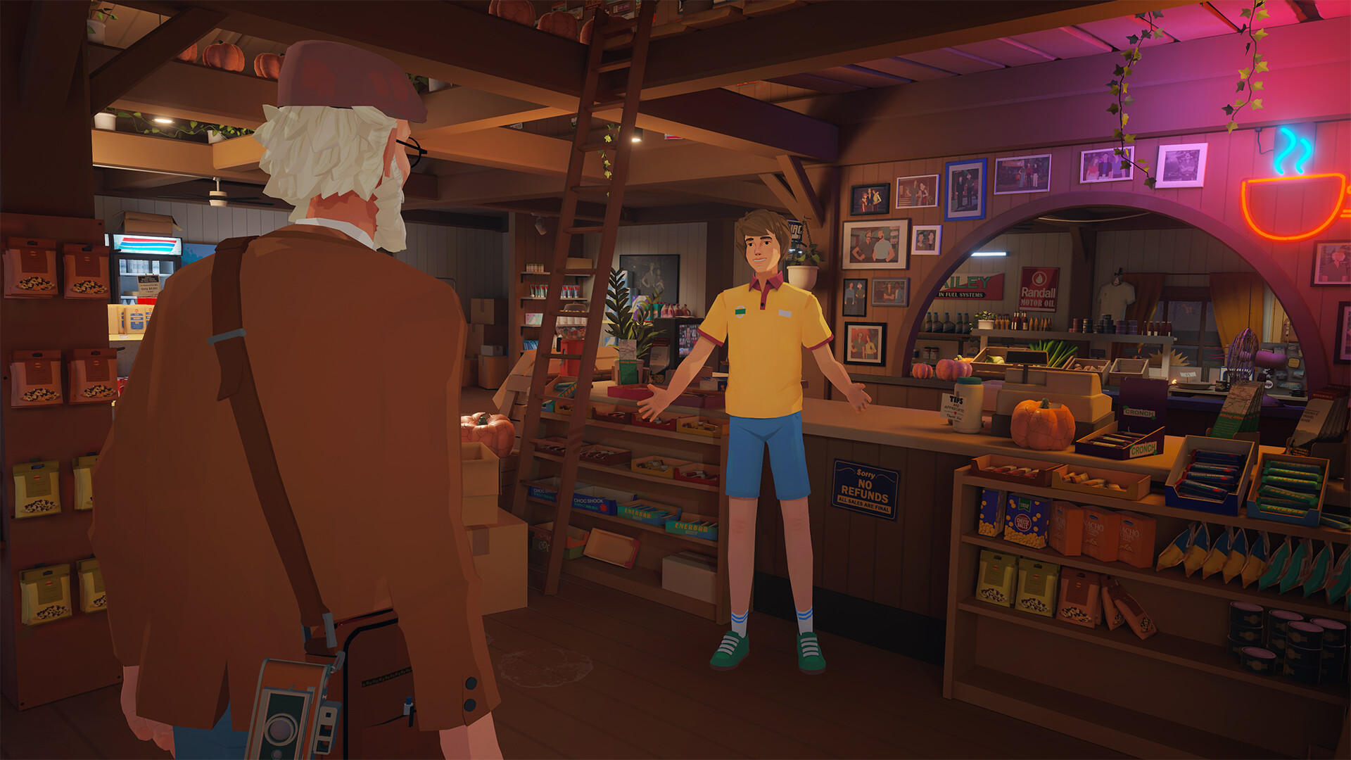 Alfred speaking to Milton at the shop counter surrounded by snacks and photographs
