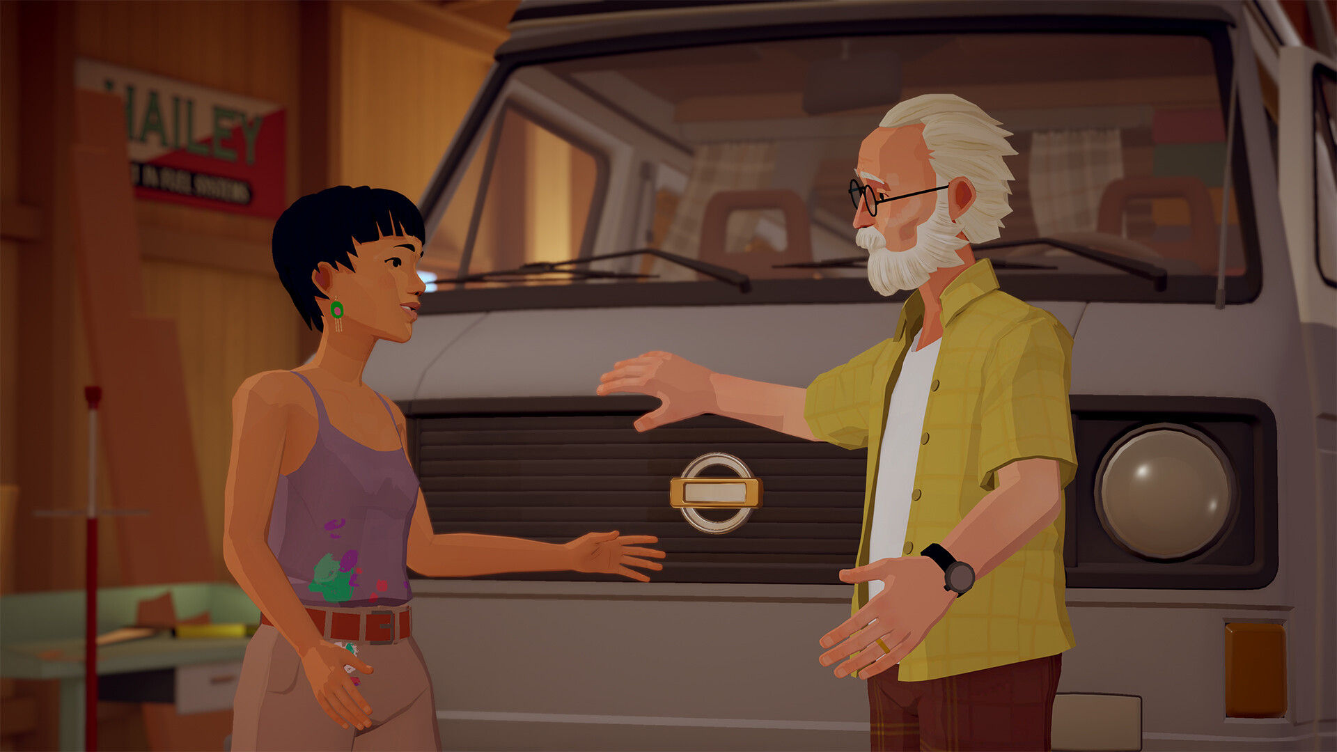 Sam and Alfred talking in a garage beside the front of the camper van
