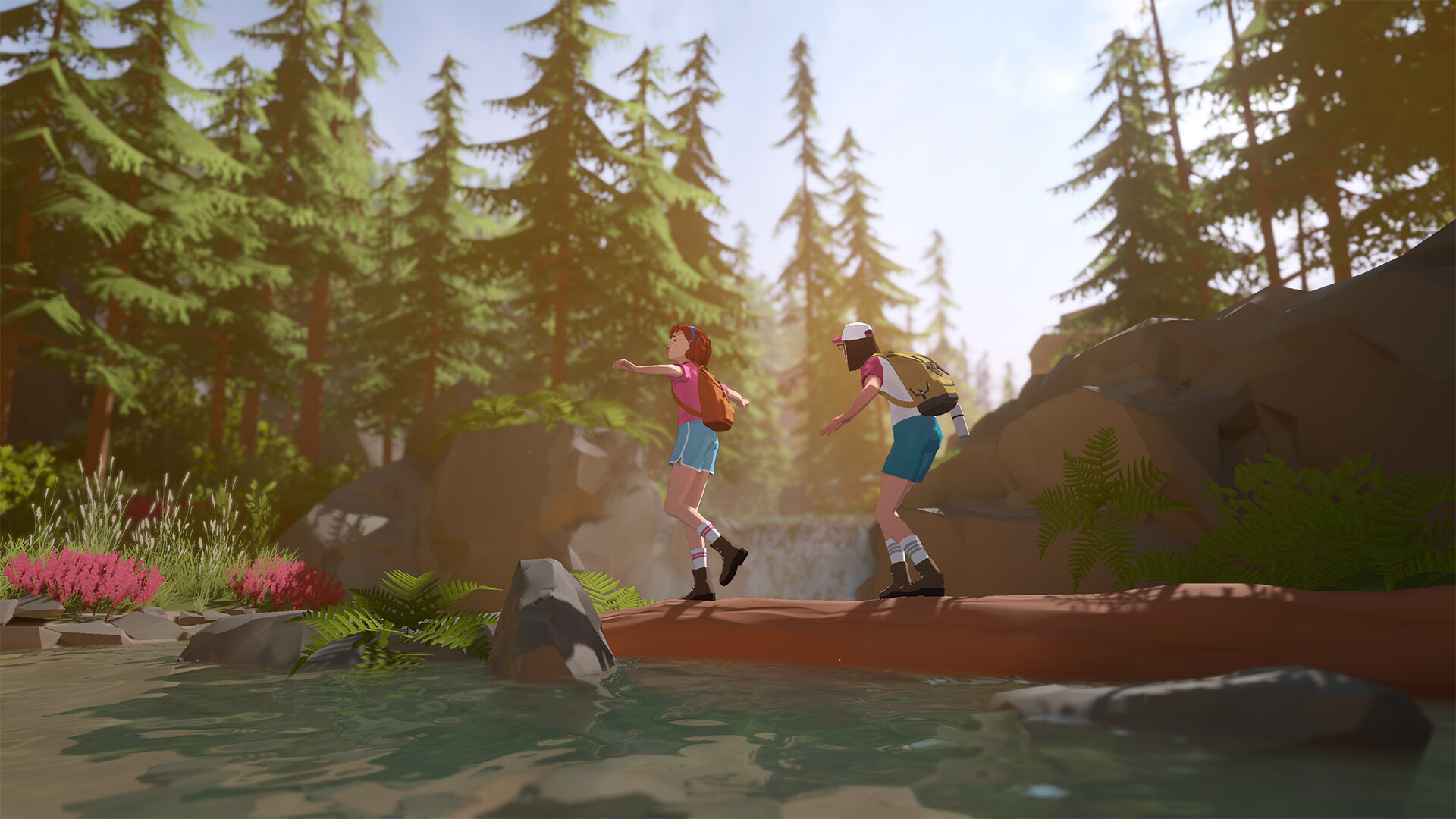 Young Audrey and Alfred crossing a fallen log above a forest stream
