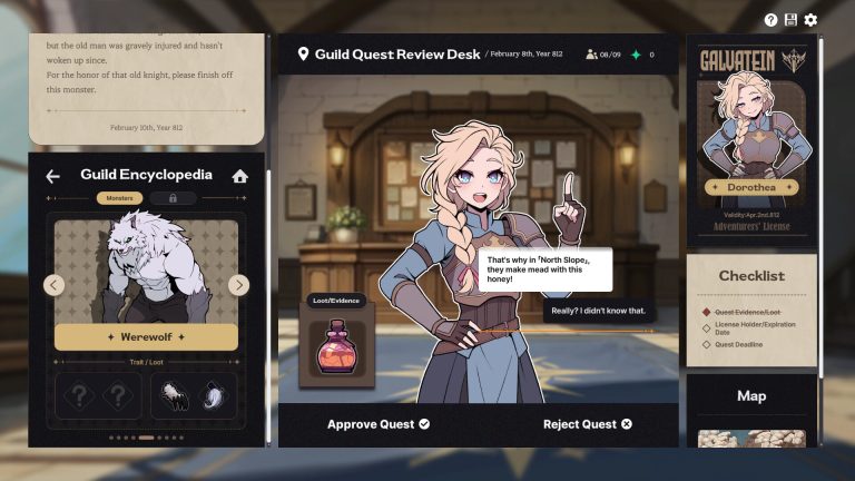 Guild review desk with a contract, monster encyclopedia, license and checklist