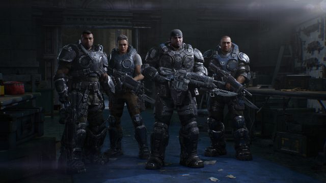 Marcus, Dom and two fellow Gears standing together with their weapons