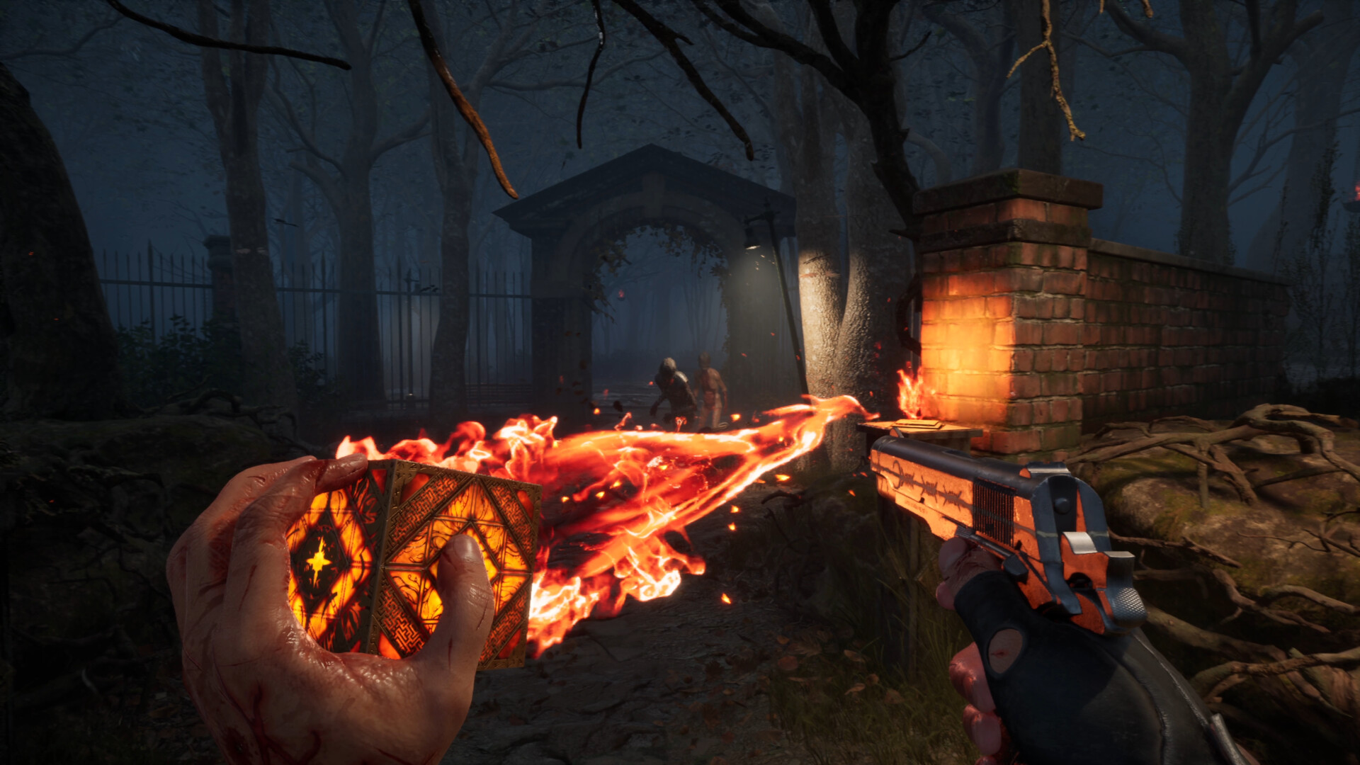 The Genesis Configuration carrying flame during combat in a graveyard