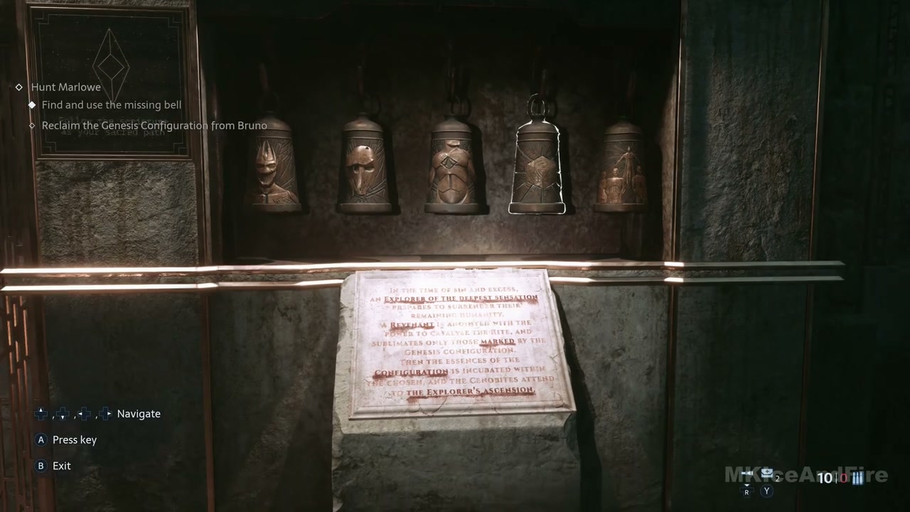 Five bells ordered as grinning mask, skull, coiled serpent, box and figures