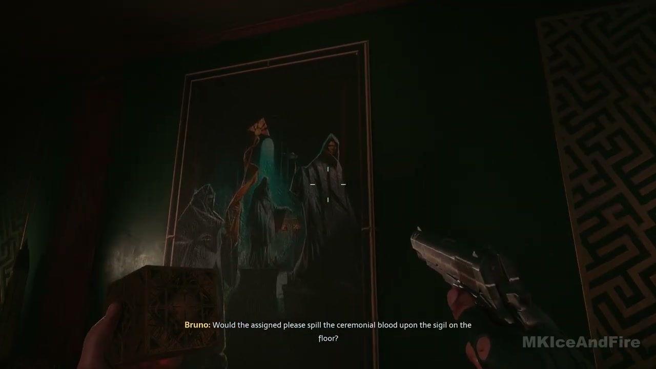 The gas-room painting showing three hooded figures with a staff, snake and scales
