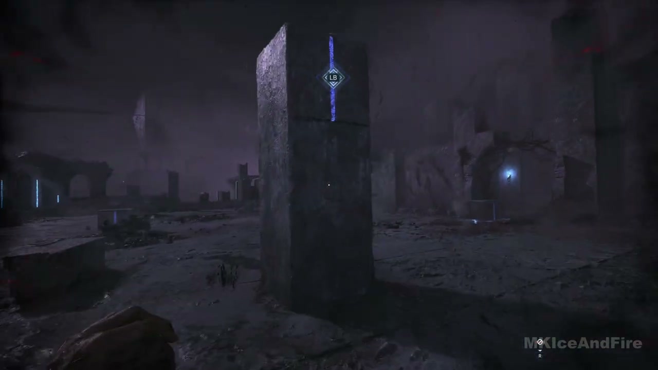 A tall highlighted pillar with the far blue-lit doorway beyond it