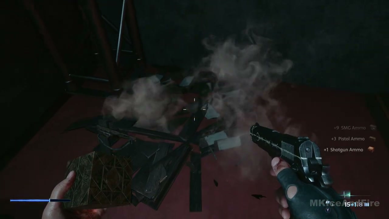 A broken supply crate with SMG, pistol and shotgun ammunition pickups on screen