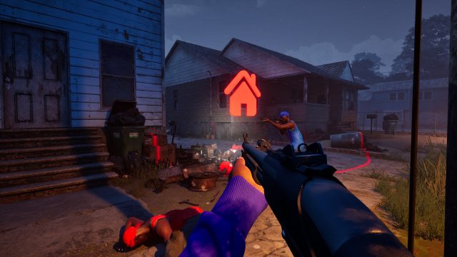 A glowing house marker and turf circle between residential buildings in Hood Warfare 2