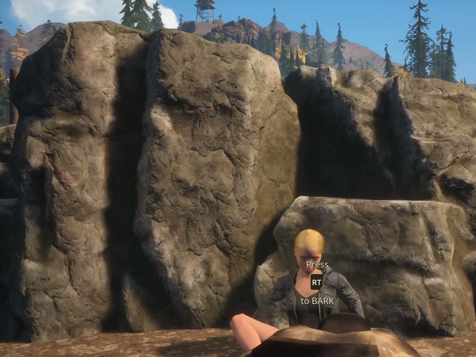 Lily sitting beside a large rock near the river