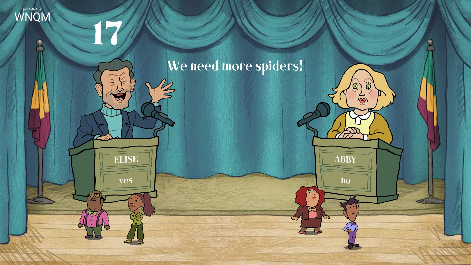 Debate and Switch yes and no podiums with listeners standing on either side of the stage