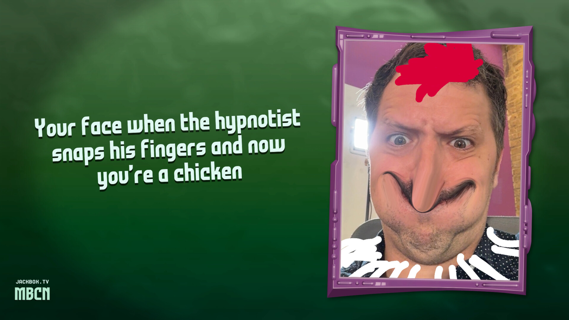 A Hyperface selfie edited with a beak-shaped nose and red chicken comb