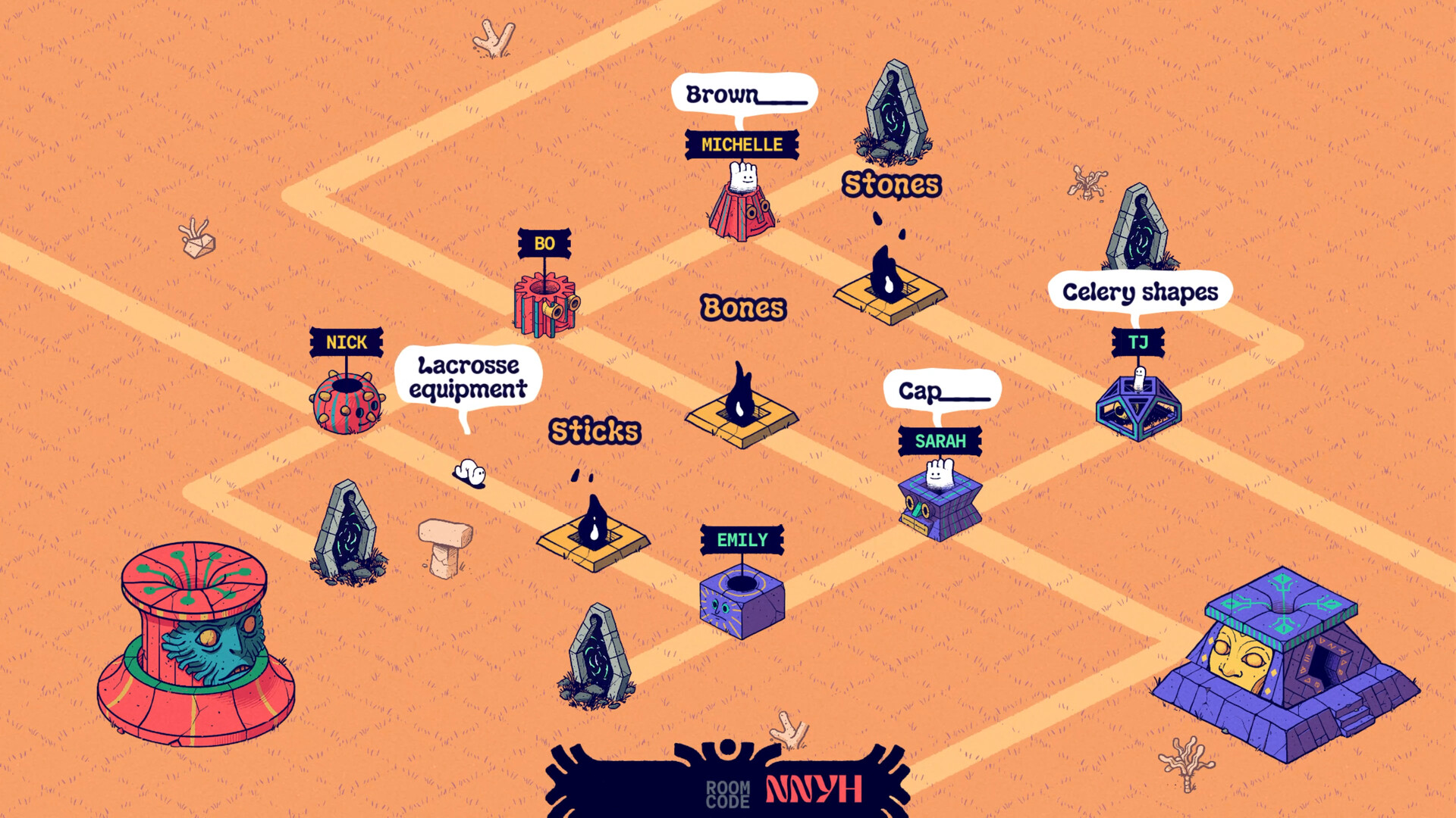 Idol Factions board with players holding words beside Sticks, Stones and Bones categories