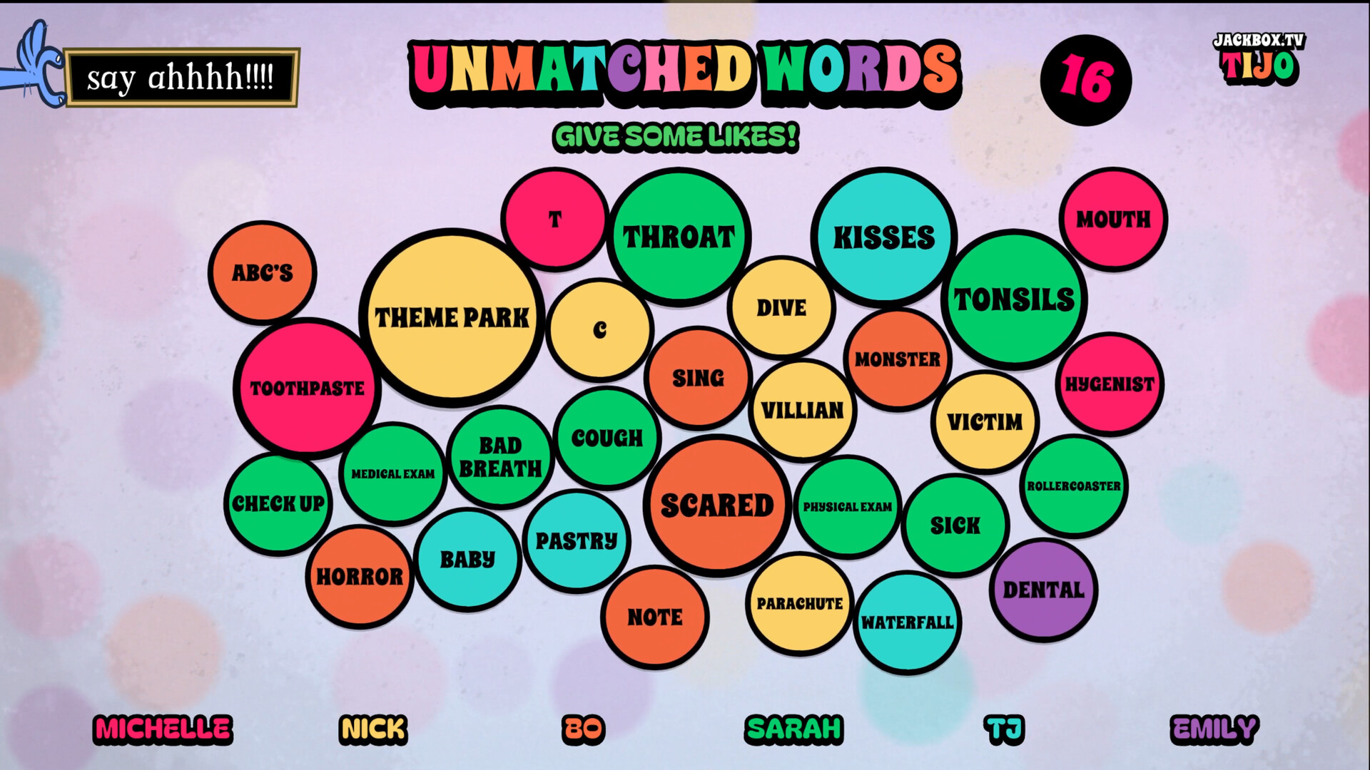 MegaPals Unmatched Words screen inviting players to give likes to word bubbles