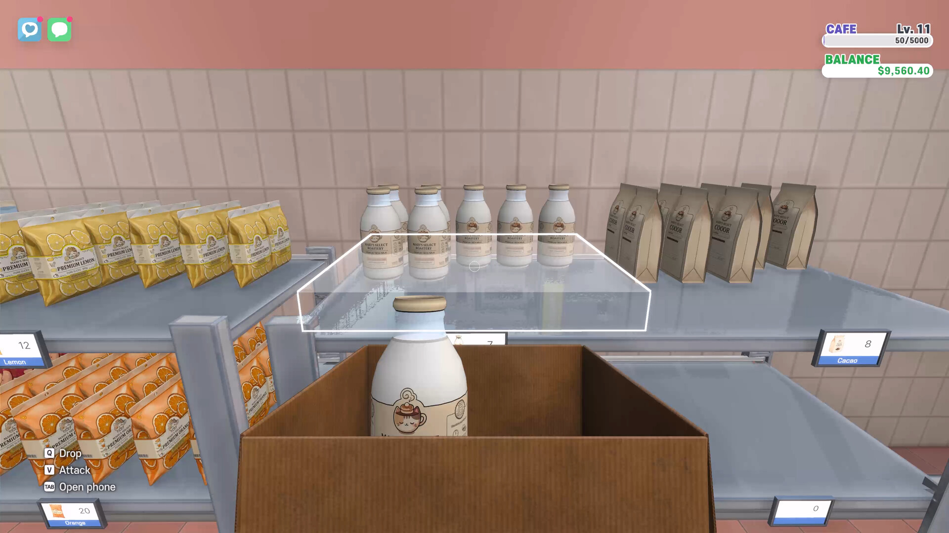 A milk ingredient package held beside labeled kitchen shelves.