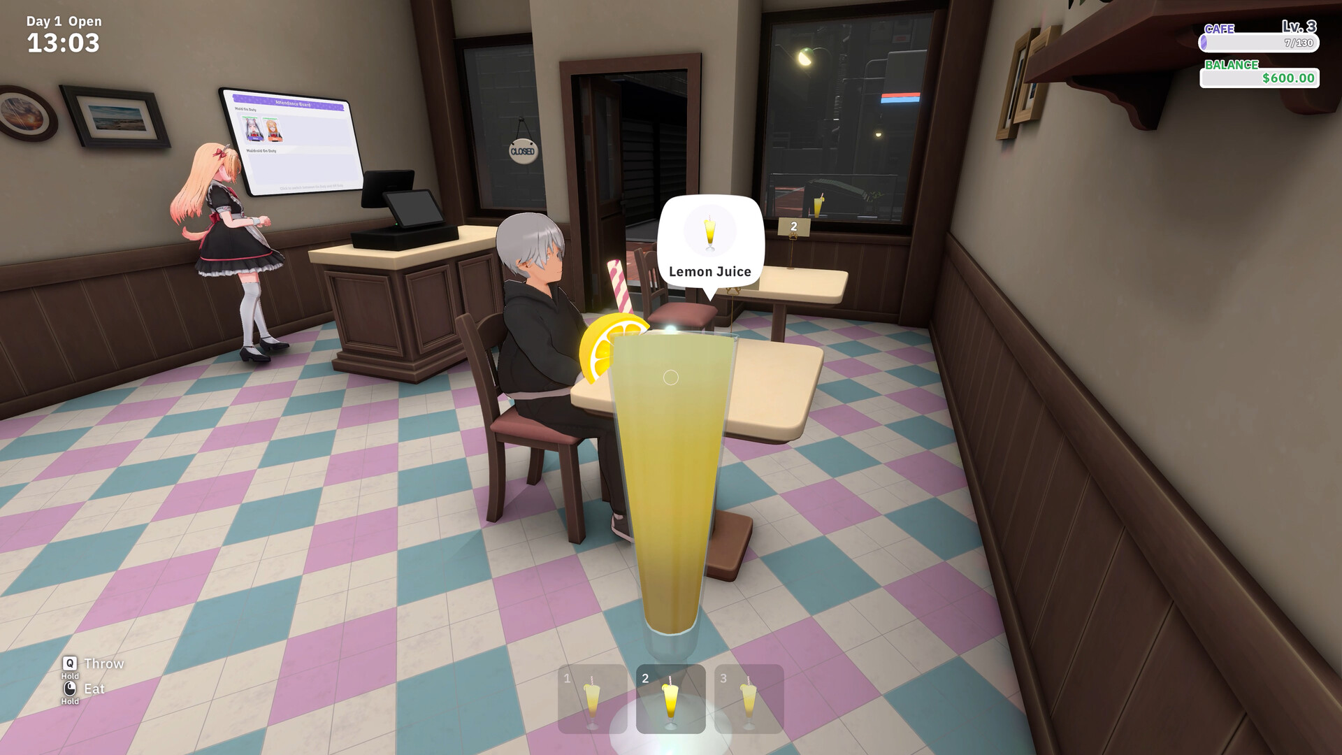 A Lemon Juice order above a customer, with the Attendance Board beside the entrance.