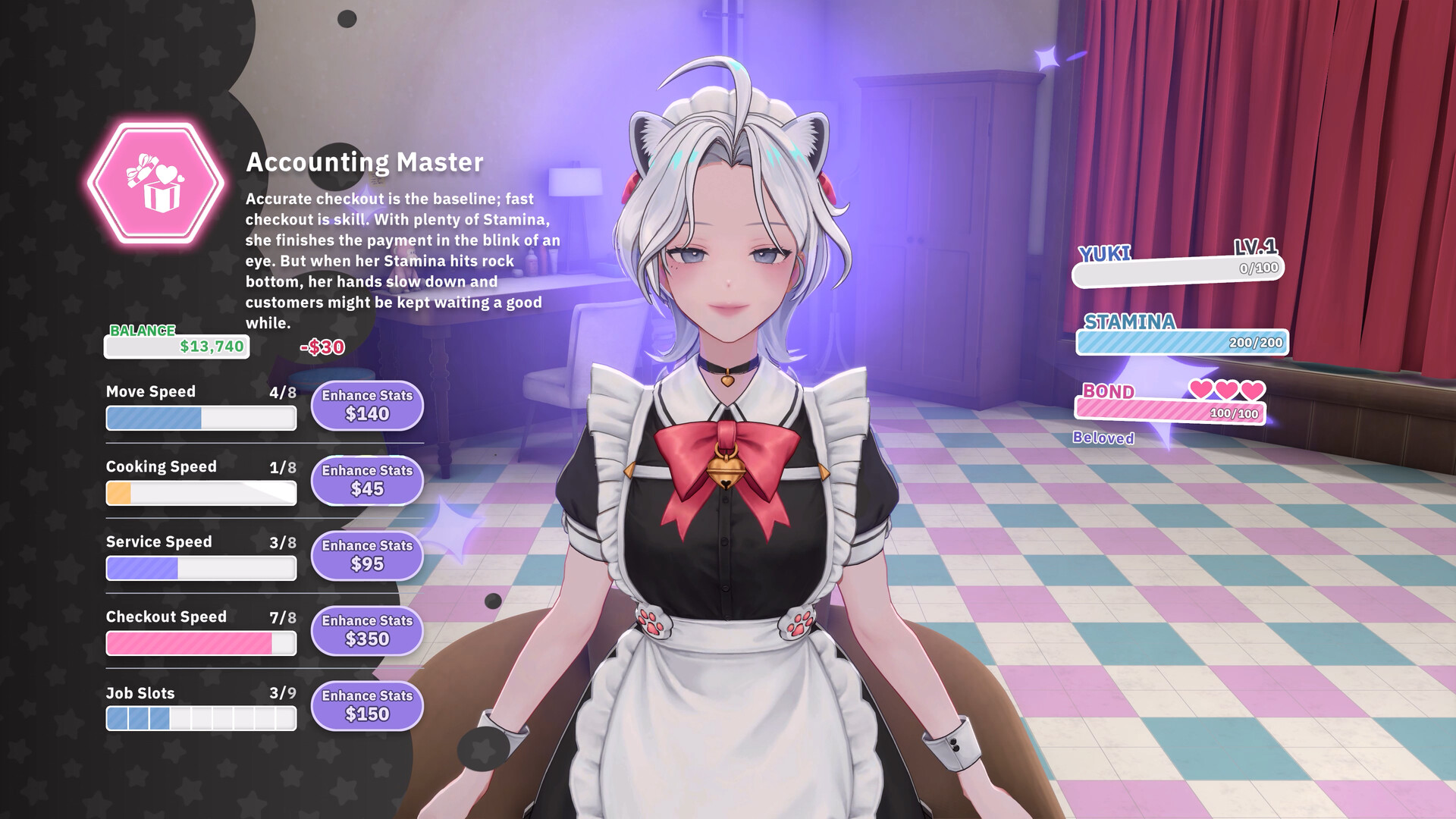 Yuki stat window listing Cooking Speed, Checkout Speed, Job Slots, Stamina, and Bond.
