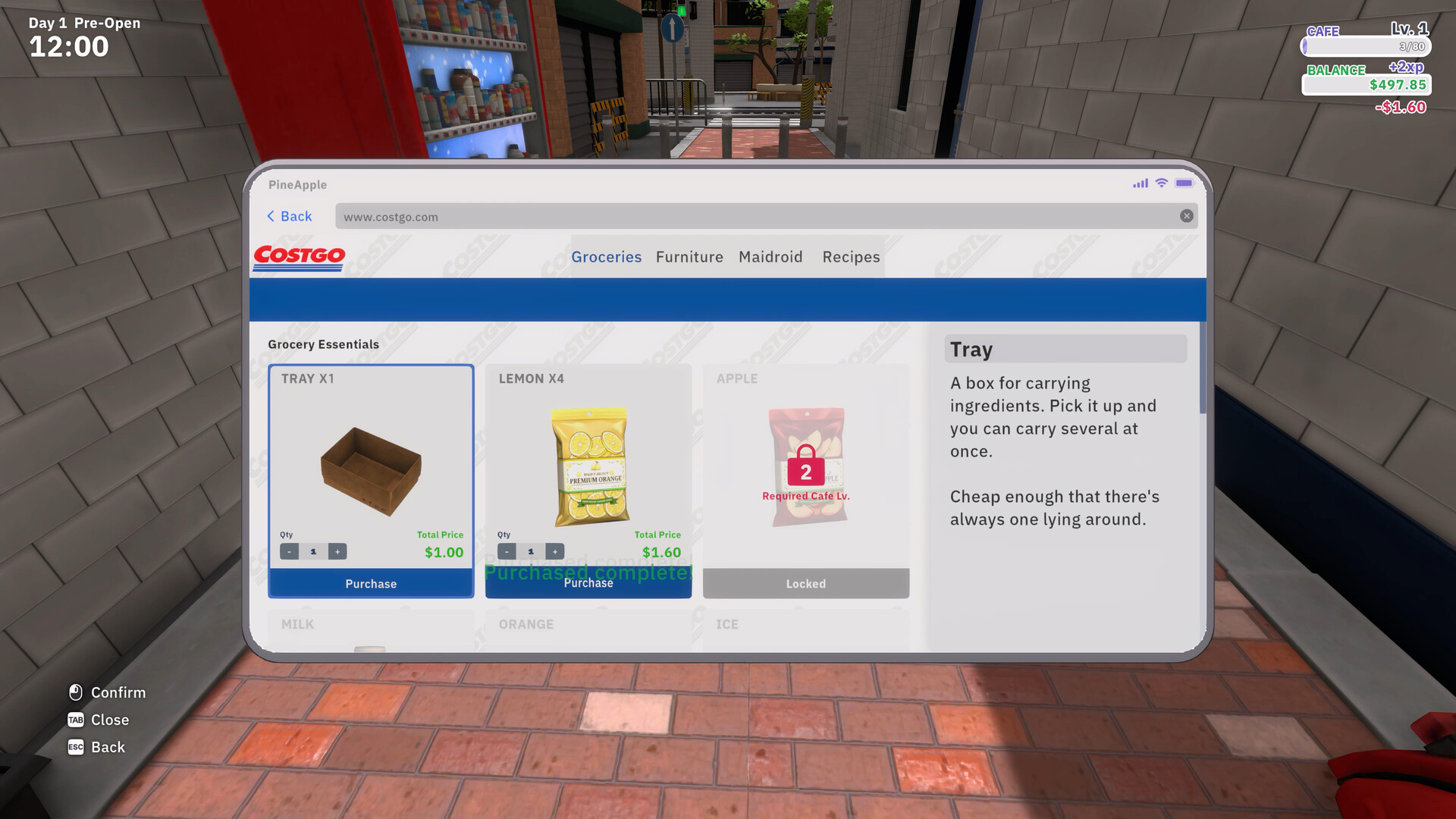 Costgo phone shop showing Groceries, Furniture, Maidroid, and Recipes tabs.