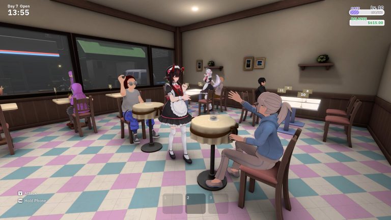 Maids serving customers in a cafe dining room with tables and preparation counters.