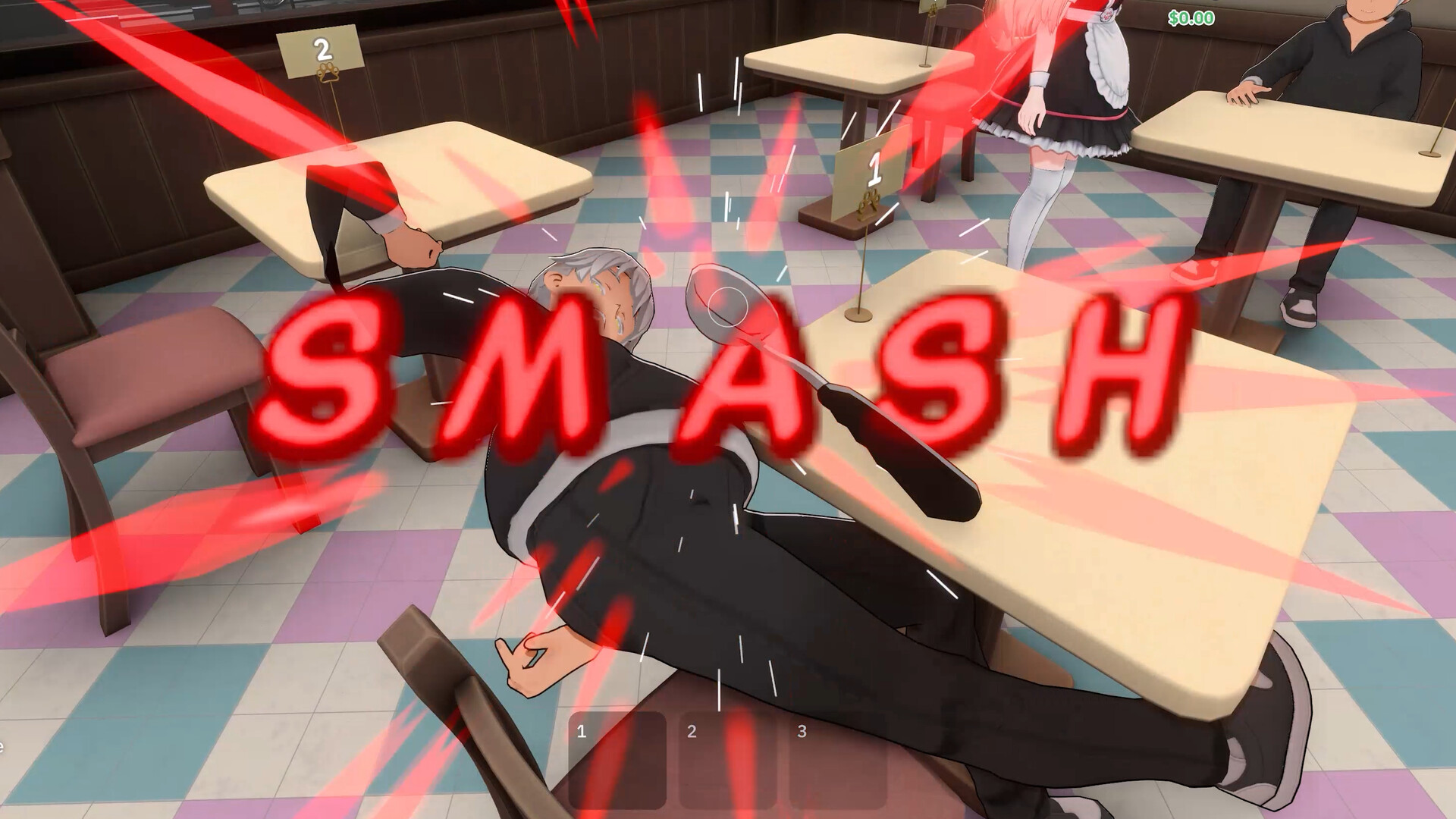 A troublemaker highlighted in the dining room while the player holds a ladle.