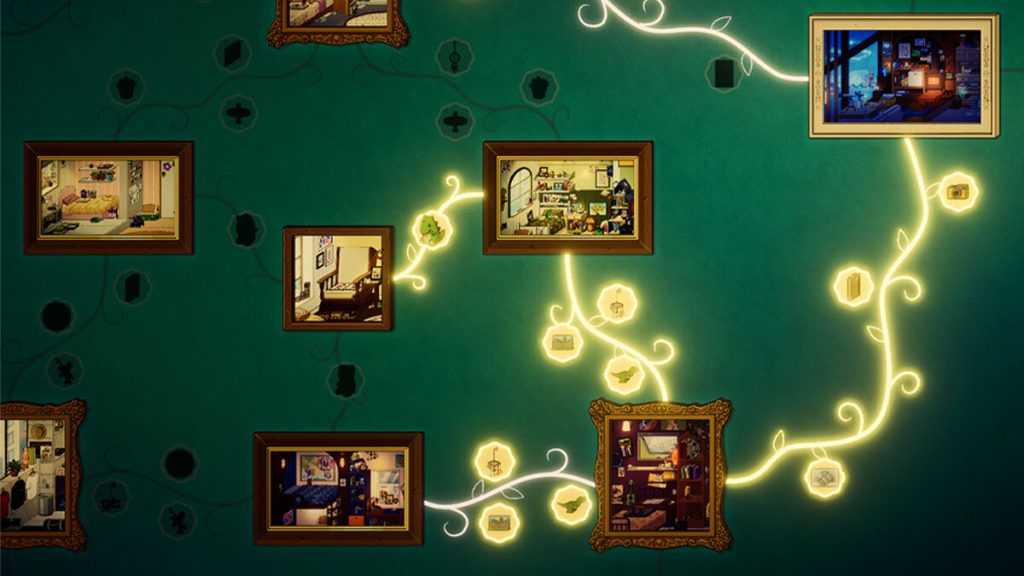 Momento Wall of Memories with a lit path through the dinosaur bedroom, Tyler and James's room, and Svalbard