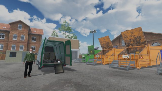 Customer beside an open green van, with the office and labeled recycling compactors behind him