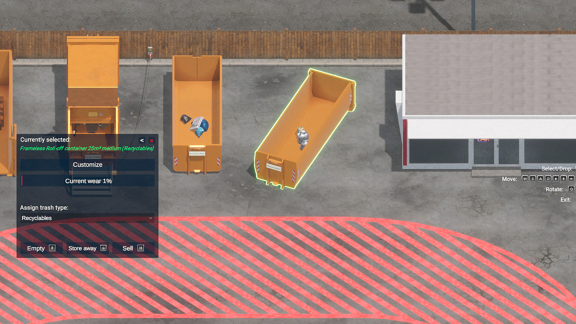 Overhead Yard Setup view with a selected Recyclables container and controls for wear, assigned trash type, emptying, storage and sale