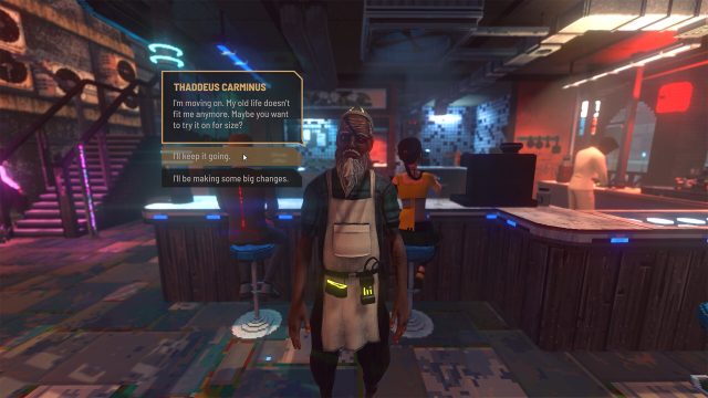 Thaddeus Carminus speaking to the player inside Ramen Noir
