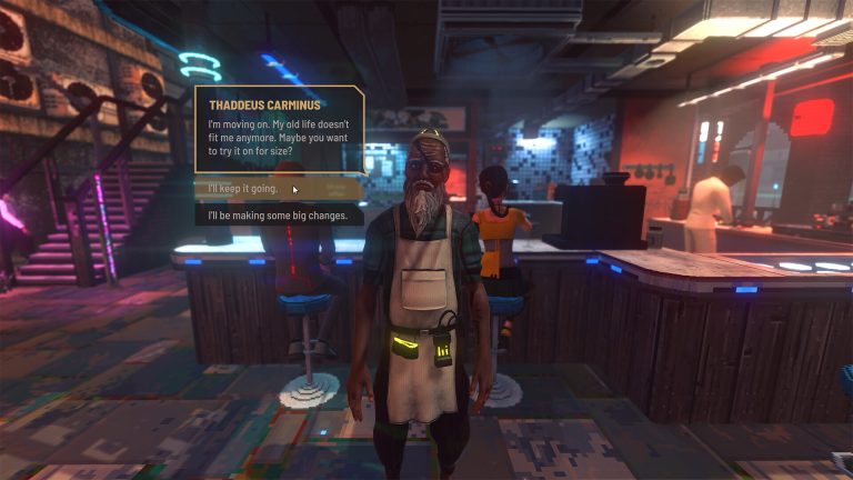Thaddeus Carminus speaking to the player inside Ramen Noir