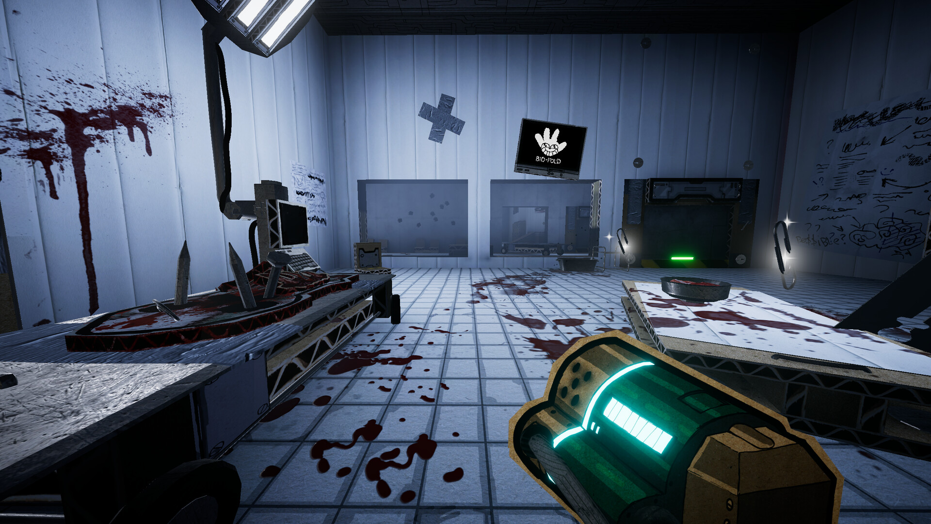 A teal electric weapon held in a PAPERHEAD facility room