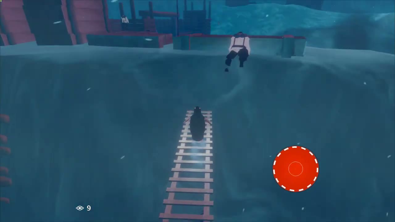 Penguin climbing a plank ladder beside a red aircraft at Basecamp