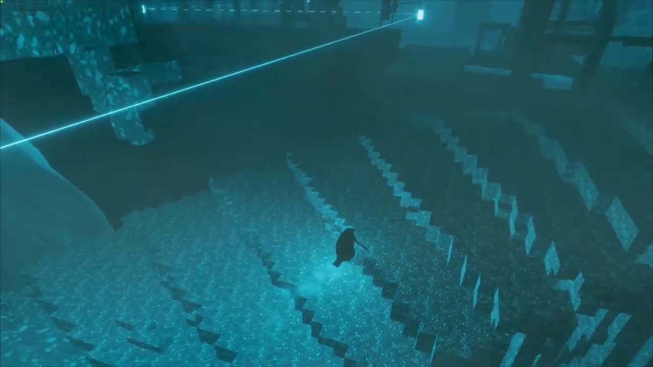 Lower passage and stairs beneath blue beams in Capital City