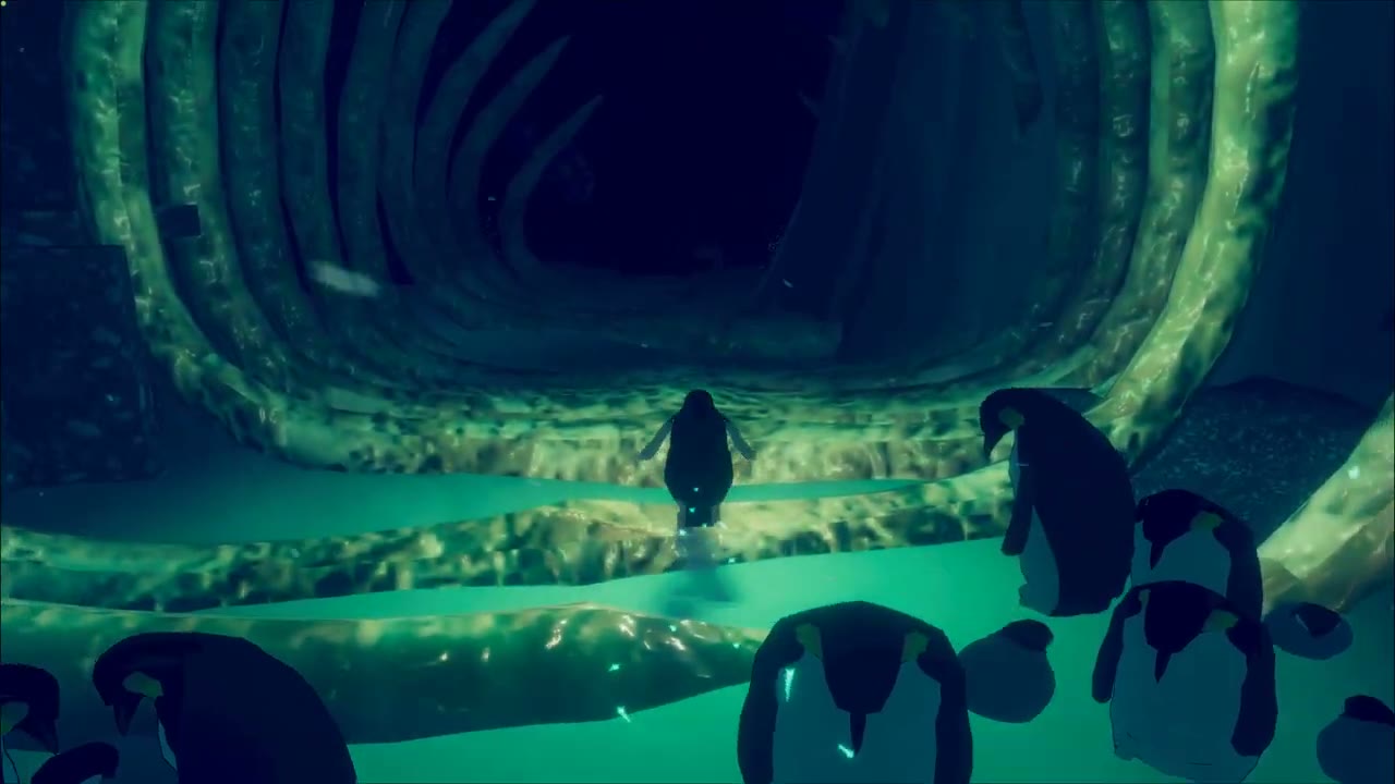 Large penguin approaching the ribbed green tunnel
