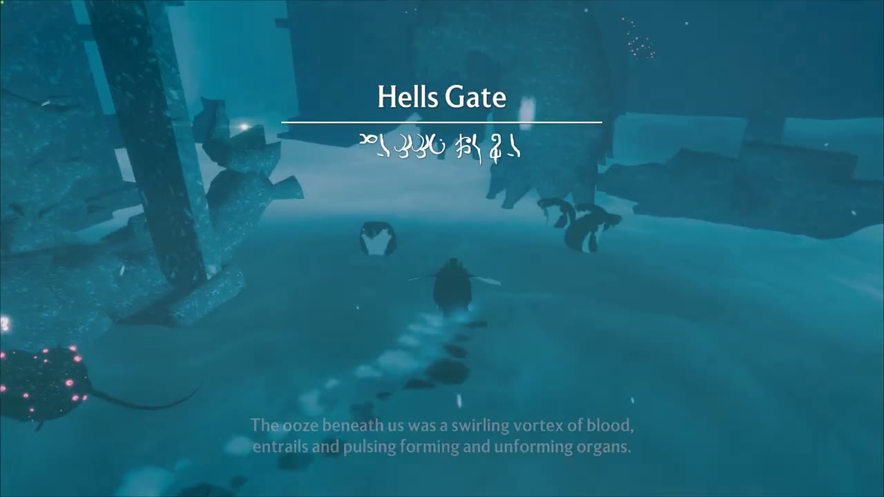 Hells Gate entrance between tall dark stone ruins