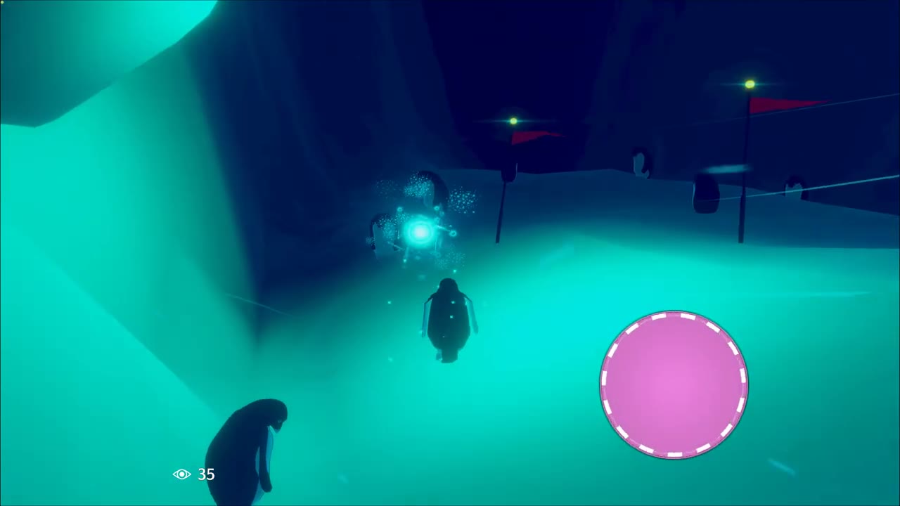 Penguin following the bright turquoise snow channel inside Hidden Ravine