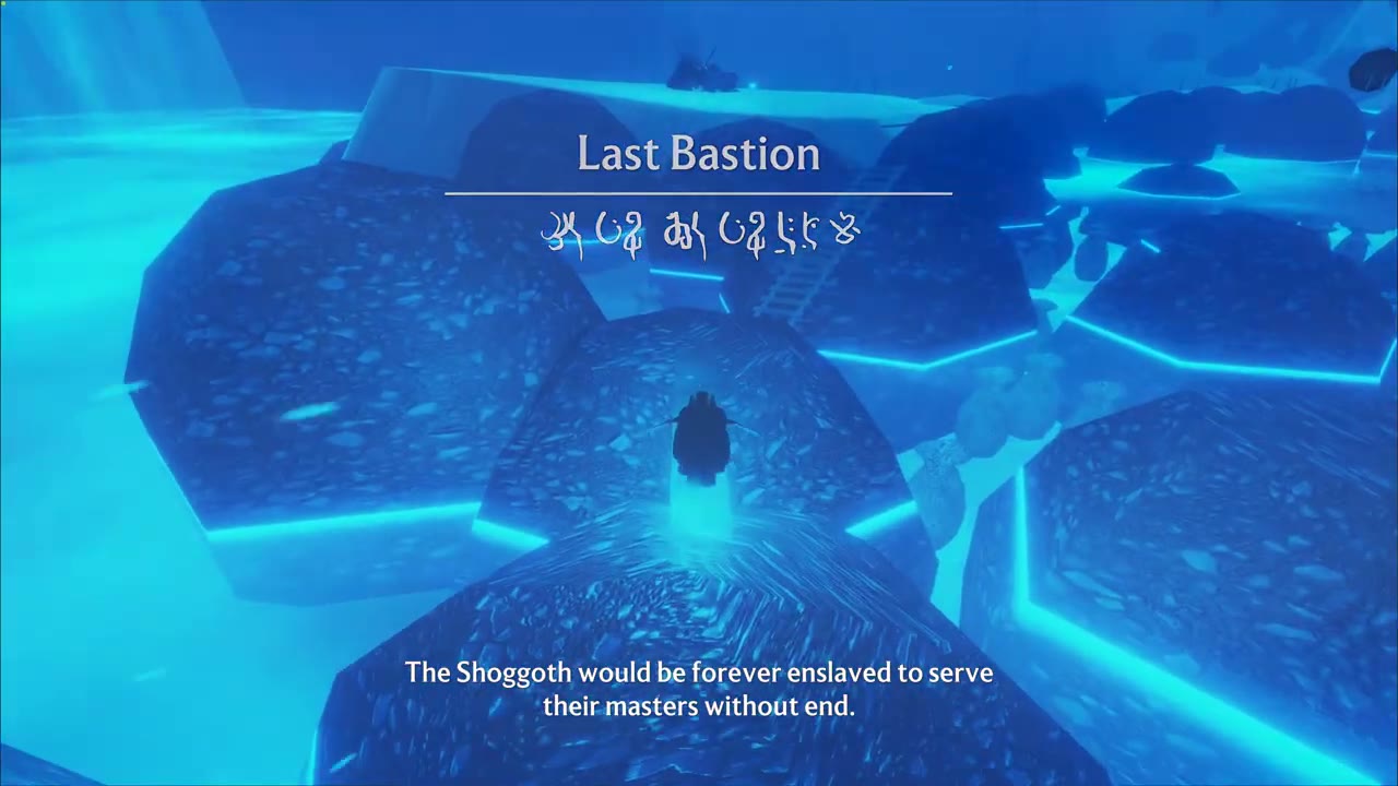 Ladder bridge connecting glowing hexagonal platforms at Last Bastion