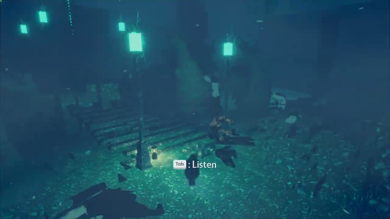 Listen prompt beside a seated person beneath green hanging lights