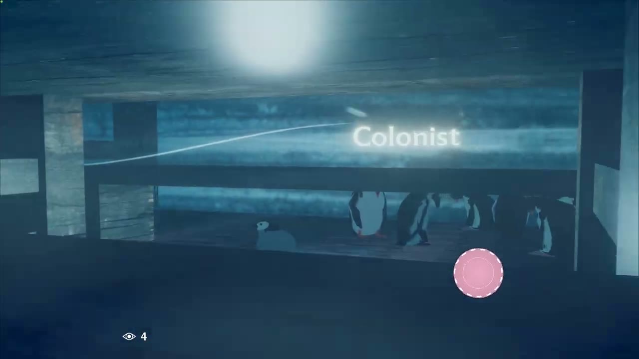 Small penguin beneath the cabin furniture with the glowing word Colonist
